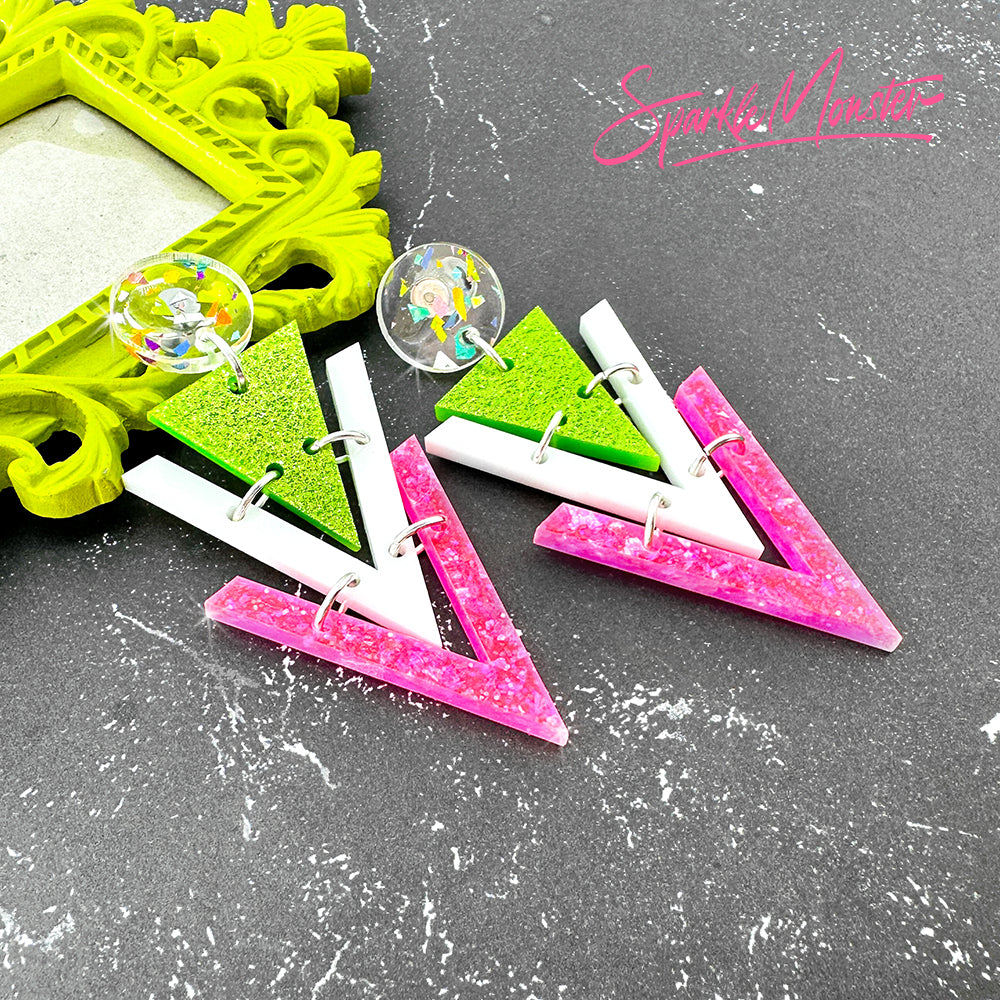 Nagel dangle earrings in lime green and hot pink