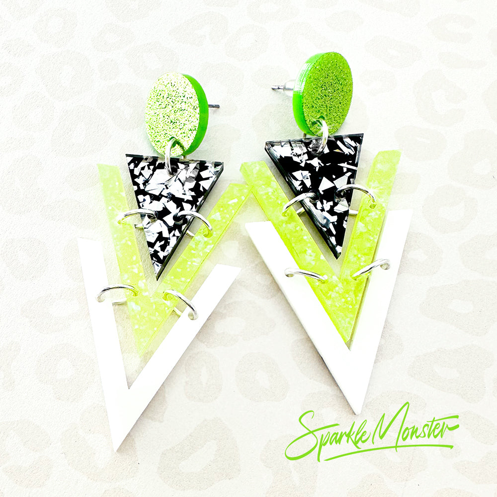 Nagel dangle earrings in lime green and black