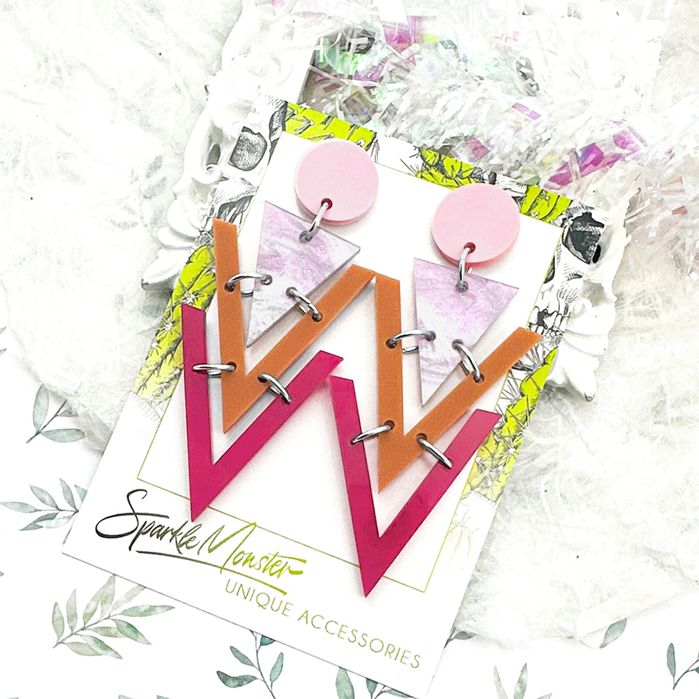 Nagel dangle earrings, pink, purple, tan