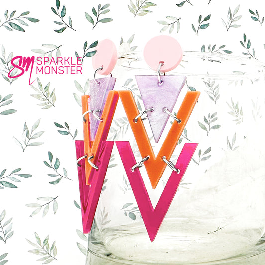 Nagel dangle earrings, pink, purple, tan