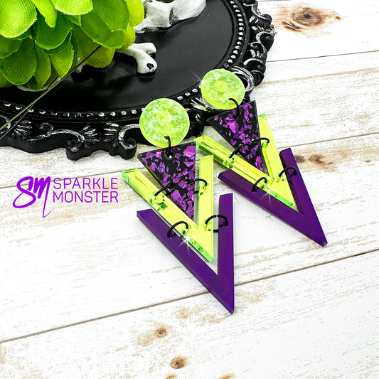 Nagel dangle earrings, purple and green