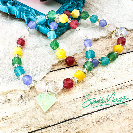 Rainbow gemstone stretch bracelet, gold or silver spacer beads, PRIDE donation