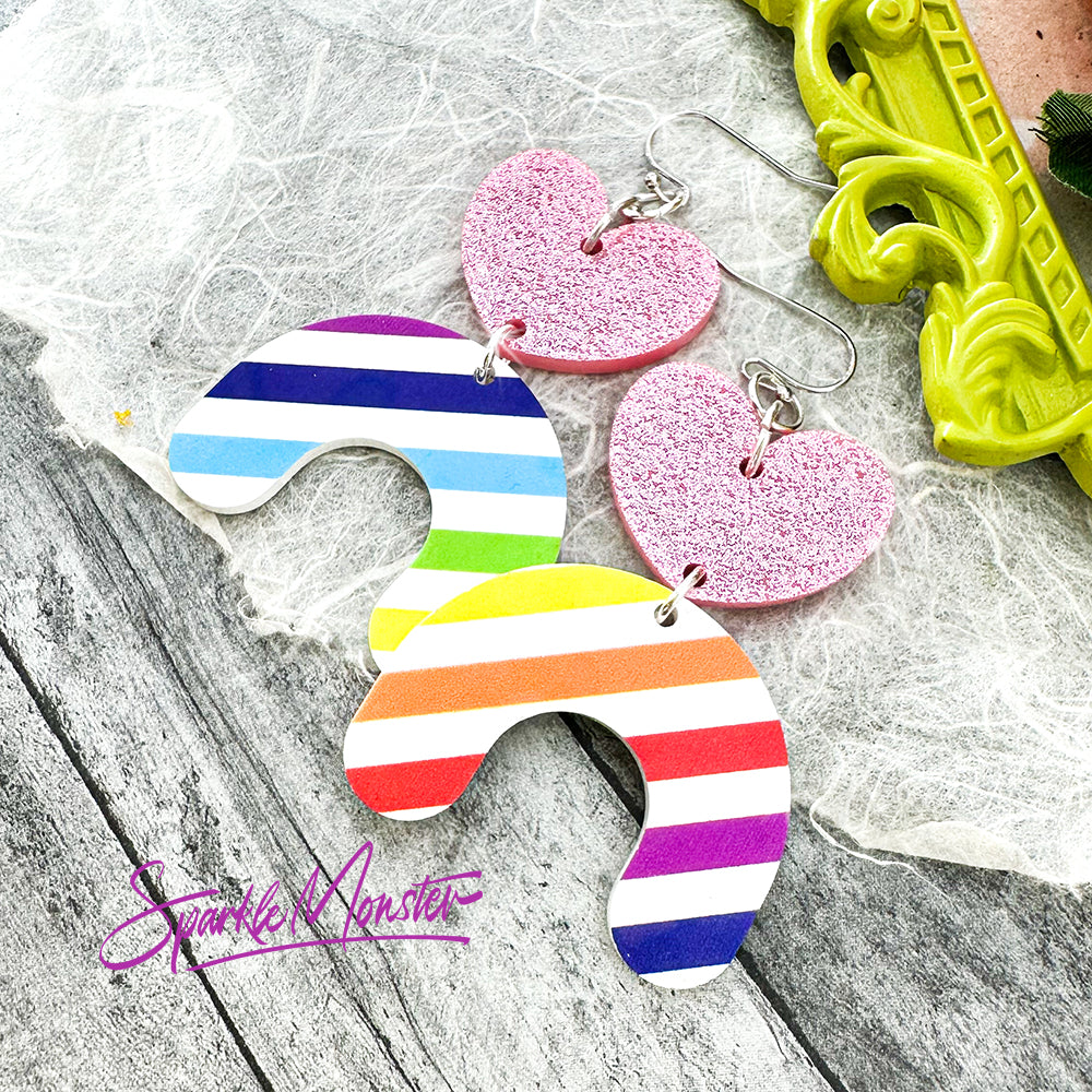 Rainbow Heart laser cut acrylic earrings, pink, blue, yellow, glitter, PRIDE donation