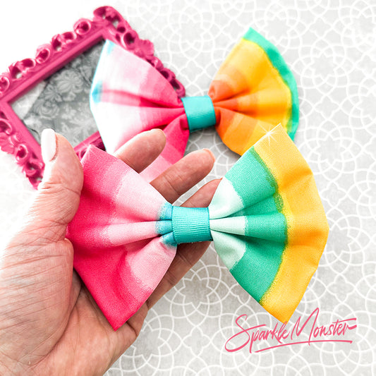 Colorful fabric hairbow, rainbow, metal alligator clip, PRIDE donation