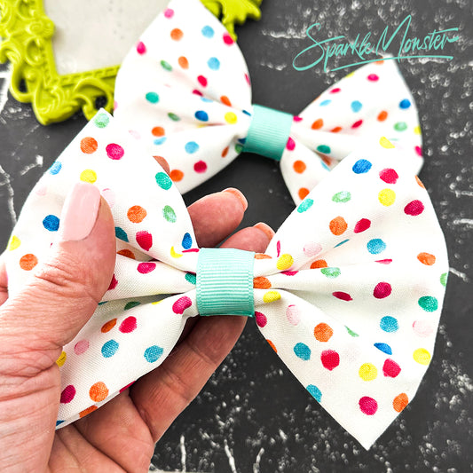Rainbow Dots, fabric hairbow, rainbow, metal alligator clip, PRIDE donation