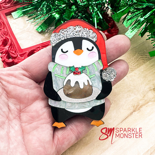 LUCKY LAST Penguin with Holiday cake, brooch