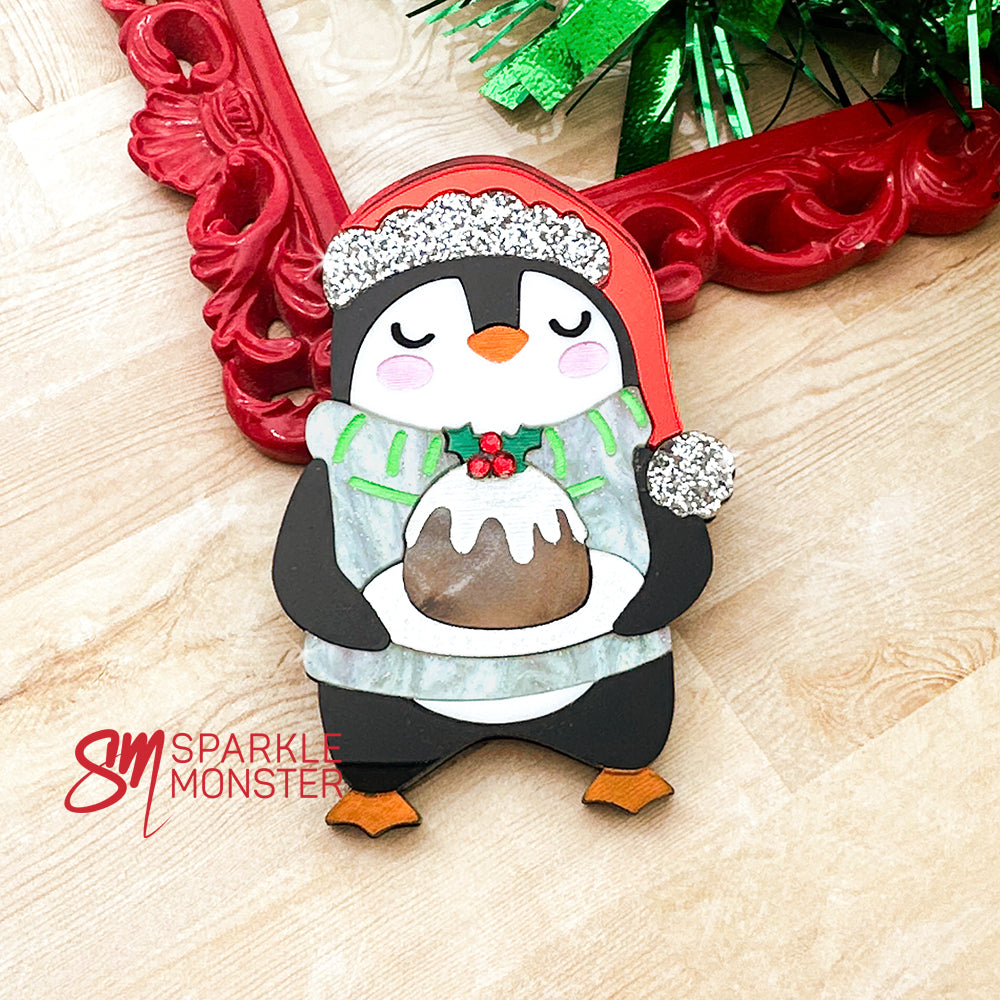 LUCKY LAST Penguin with Holiday cake, brooch