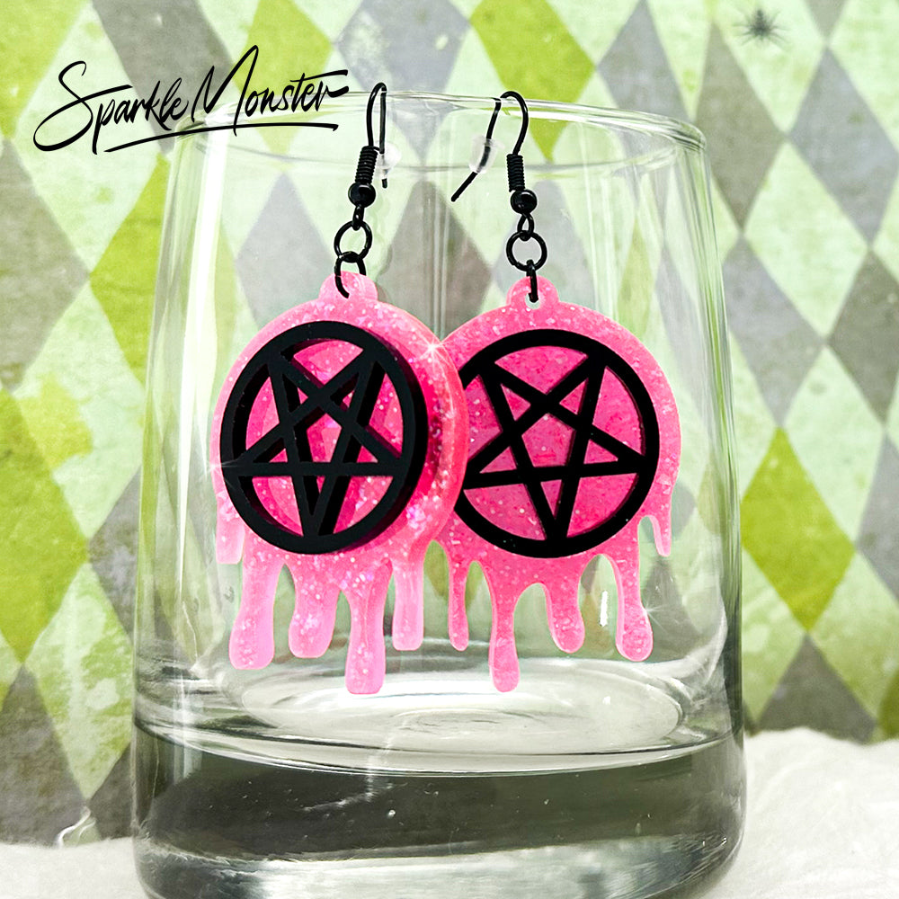 Neon Witch dangle earrings, laser cut acrylic, hot pink glitter