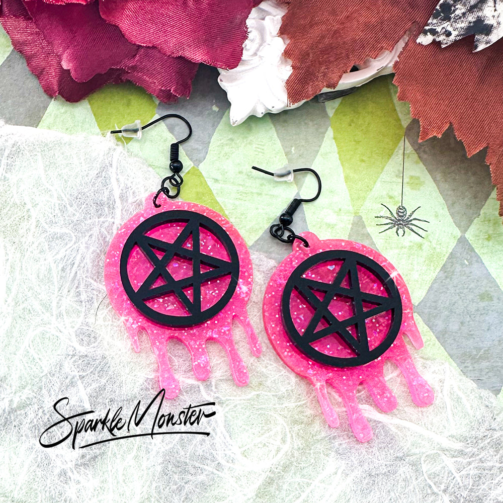 Neon Witch dangle earrings, laser cut acrylic, hot pink glitter