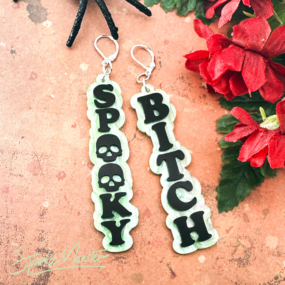 Spooky B*tch dangle earrings, laser cut acrylic, lime green