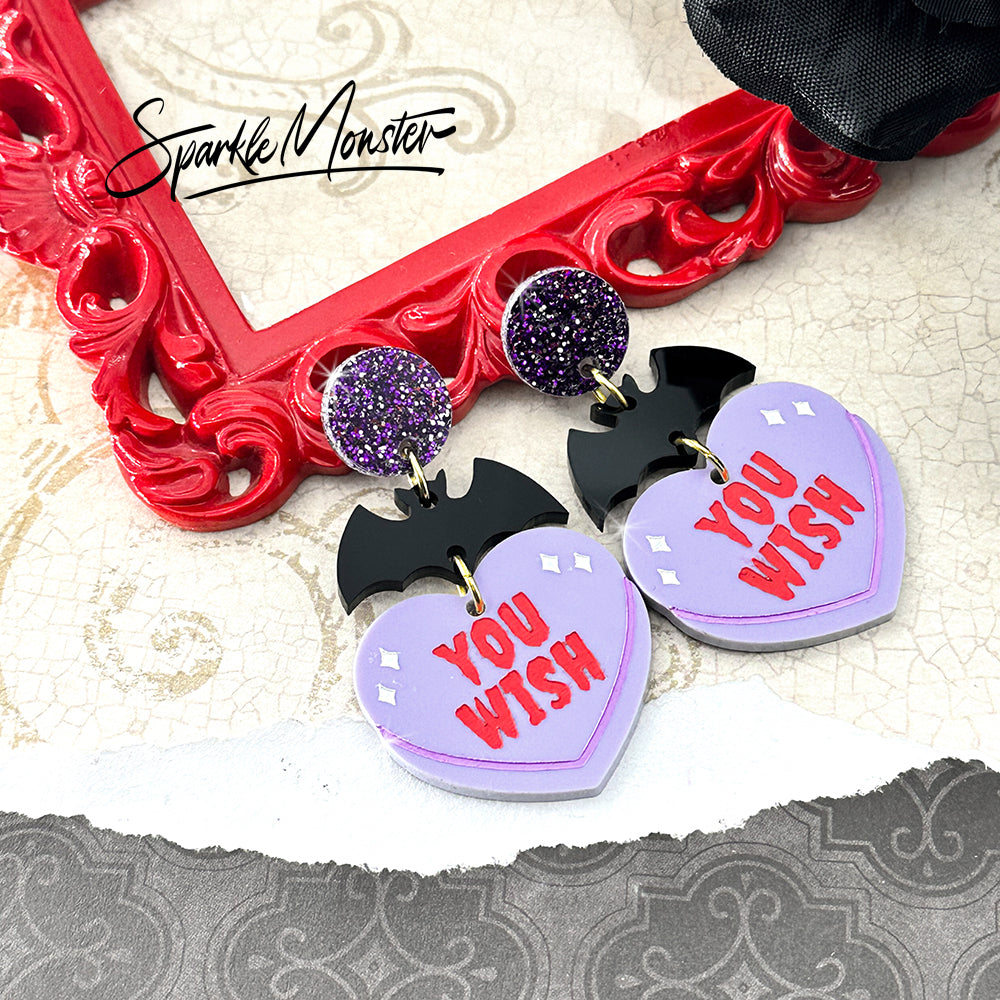 YOU WISH candy heart earrings with bats
