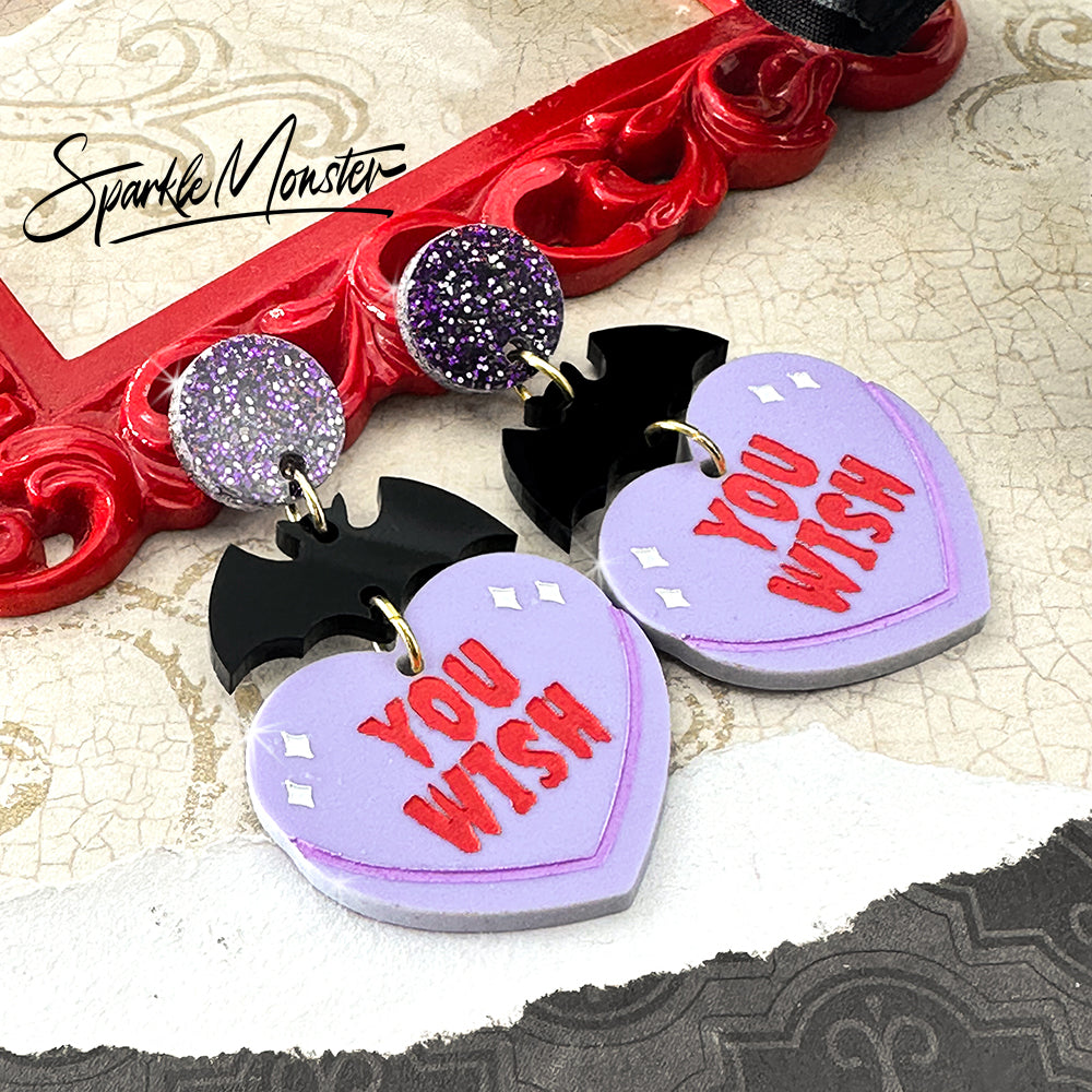 YOU WISH candy heart earrings with bats