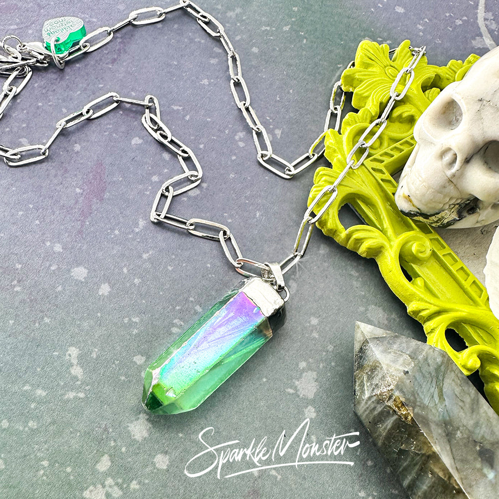 Green Aura Quartz Point Necklace on stainless steel paperclip chain