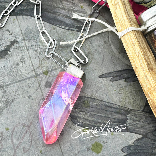 Pink Aura Quartz Point Necklace on stainless steel paperclip chain