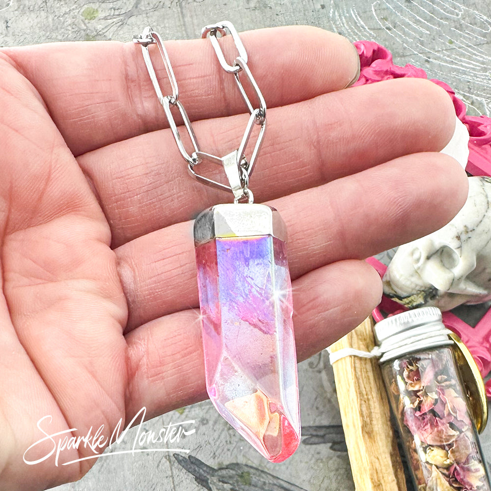 Pink Aura Quartz Point Necklace on stainless steel paperclip chain
