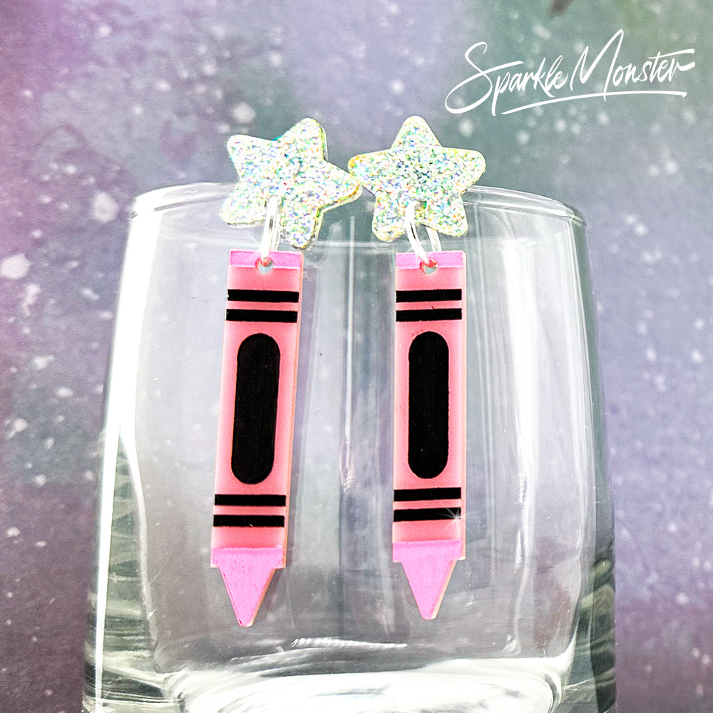 Crayon Earrings - laser cut acrylic dangle earrings, pink