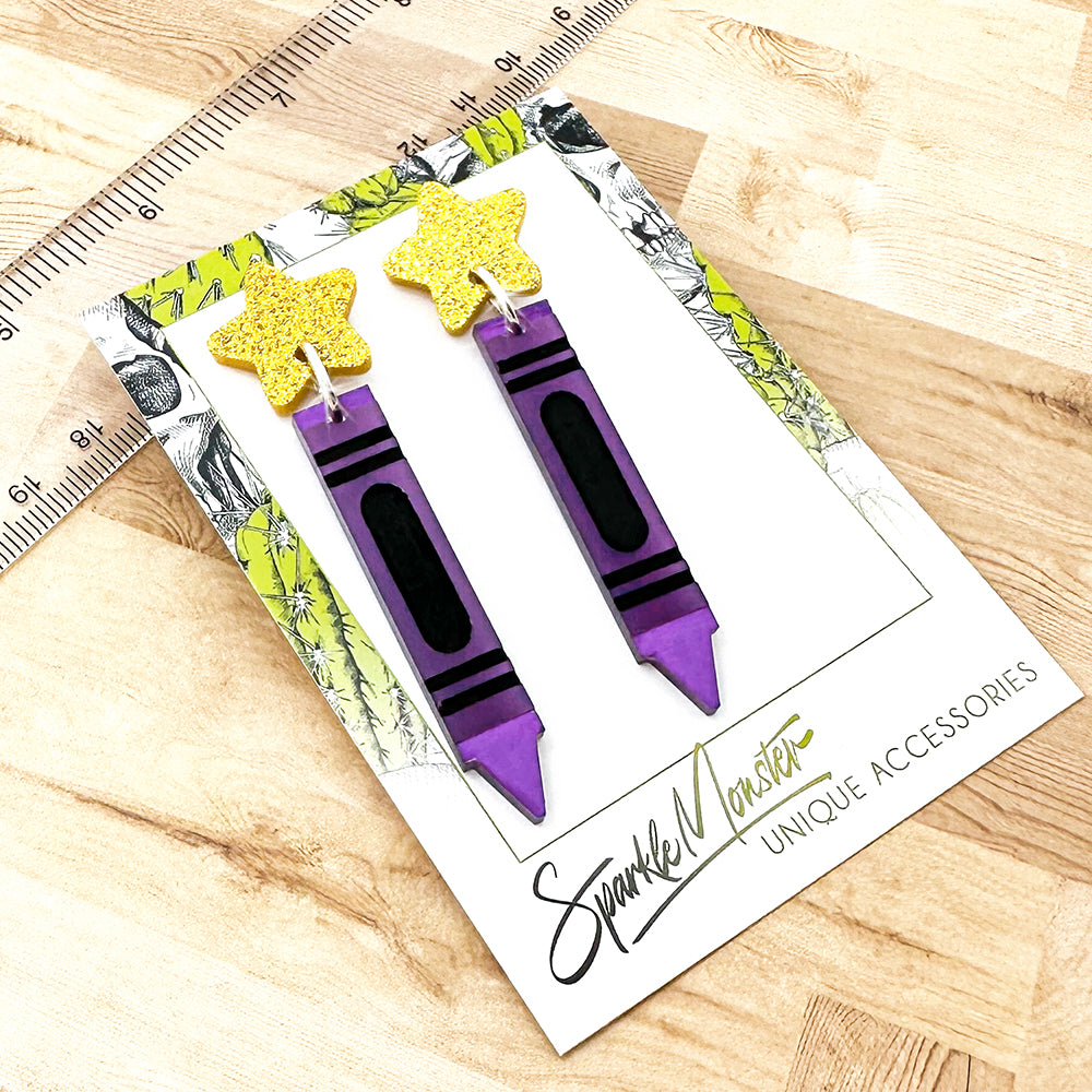 Crayon Earrings - laser cut acrylic dangle earrings, purple