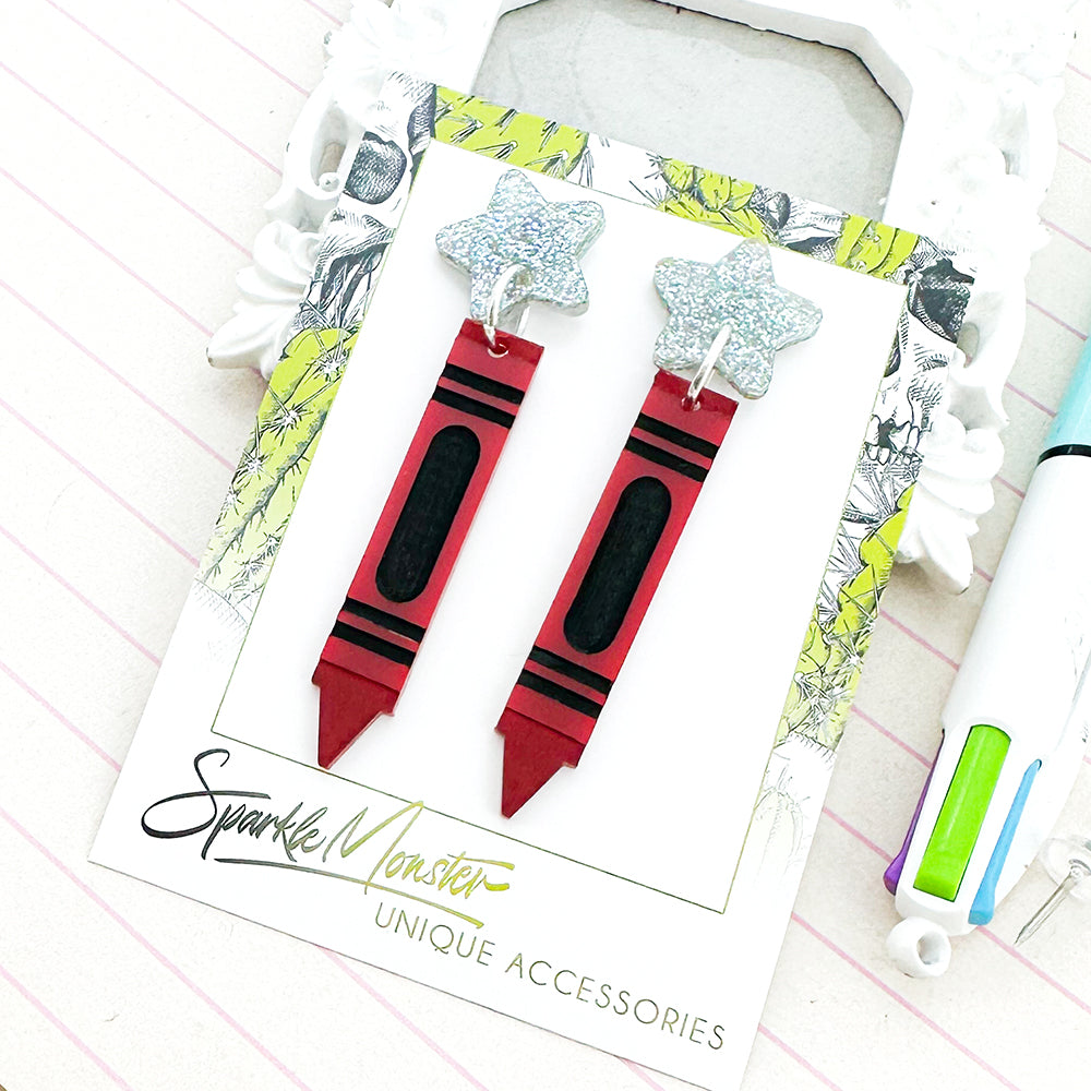 Crayon Earrings - laser cut acrylic dangle earrings, red