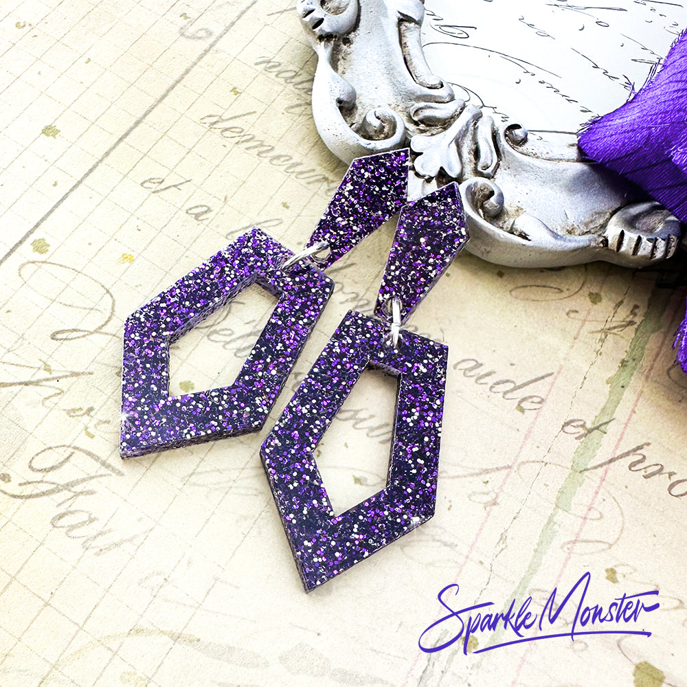 Everyday Art Deco dangle earrings, dark purple glitter