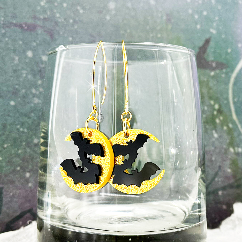 Freakin' Bats - elegant moon dangle earrings, laser cut acrylic, crescent moon, yellow glitter
