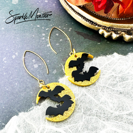 Freakin' Bats - elegant moon dangle earrings, laser cut acrylic, crescent moon, yellow glitter