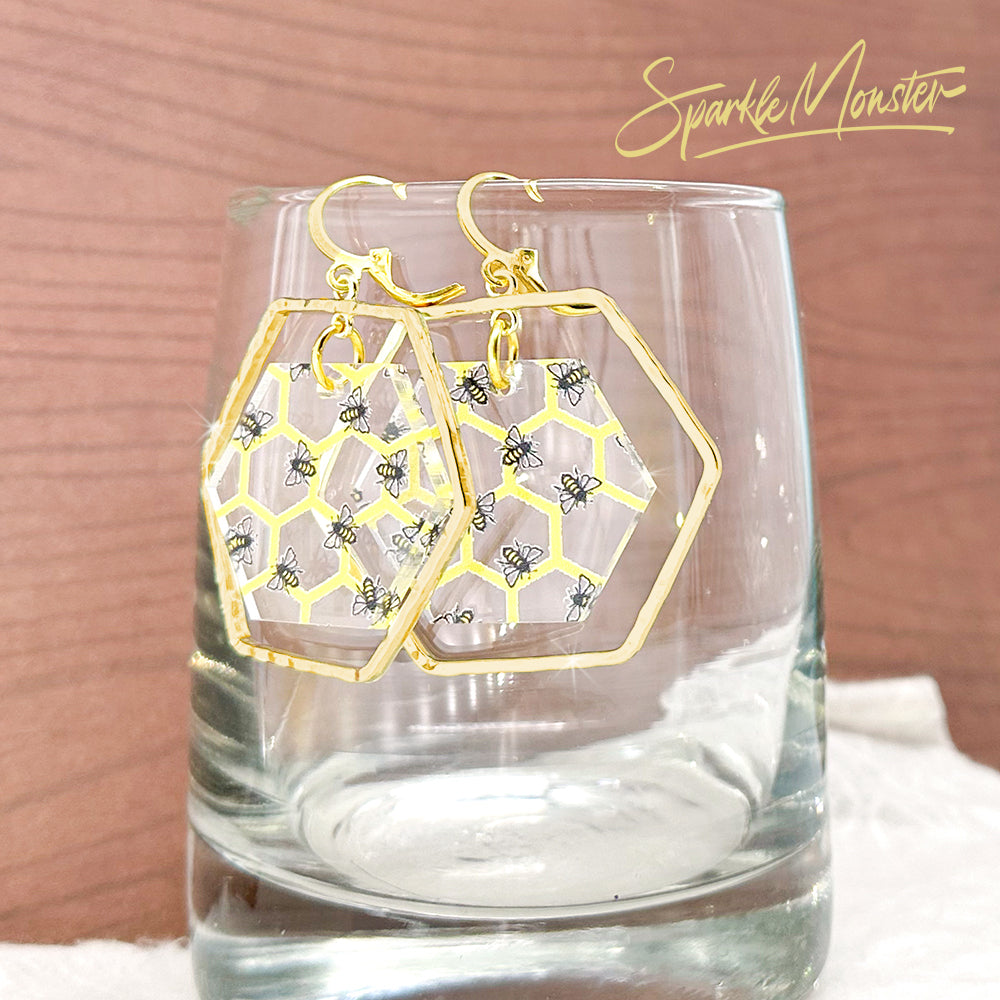 Busy Bees, gold hexagon dangle earrings, laser cut acrylic