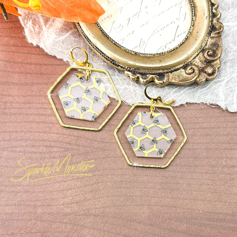 Busy Bees, gold hexagon dangle earrings, laser cut acrylic