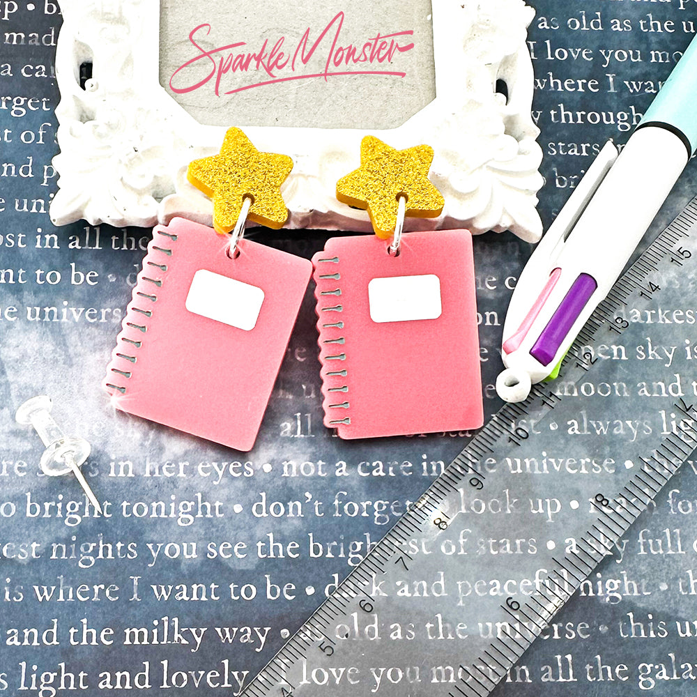 Take Notes - pink notebook dangle earrings