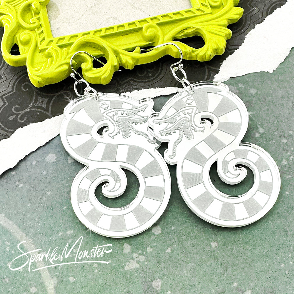 Sandworm dangle earrings, silver mirror acrylic