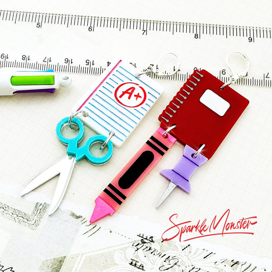 Teacher Life - statement earrings, red notebook, asymmetrical