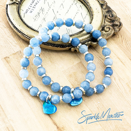 Aquamarine gemstone stretch bracelet, silver spacer beads, calm and courage