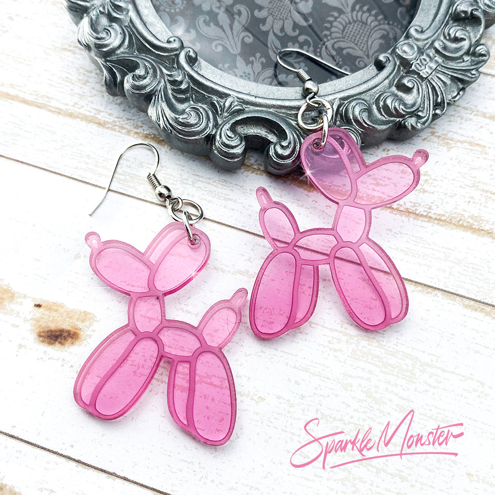 Balloon Dog Earrings, clear pink laser cut acrylic, charms, funny, unique, artsy