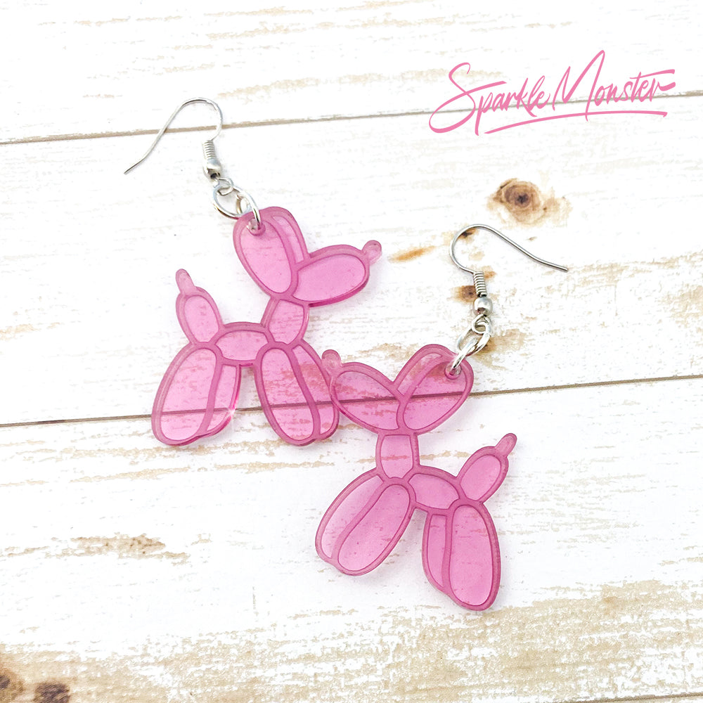Balloon Dog Earrings, clear pink laser cut acrylic, charms, funny, unique, artsy