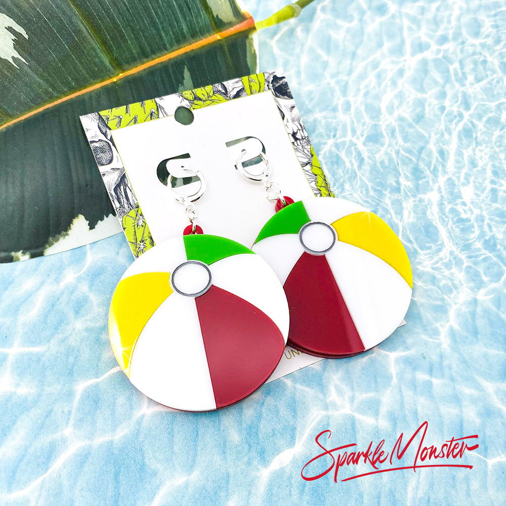 Pool Party, large beach ball earrings, laser cut acrylic, statement earrings, summer, fun
