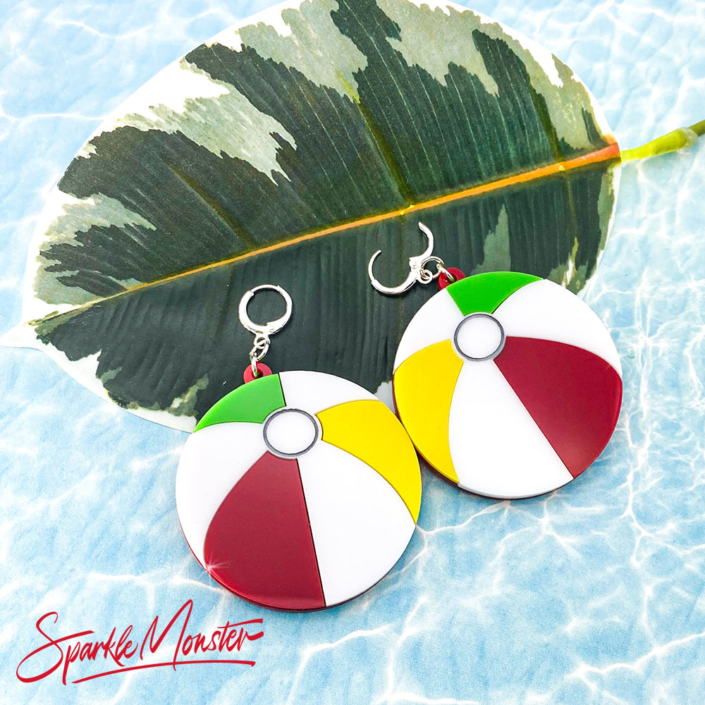 Pool Party, large beach ball earrings, laser cut acrylic, statement earrings, summer, fun