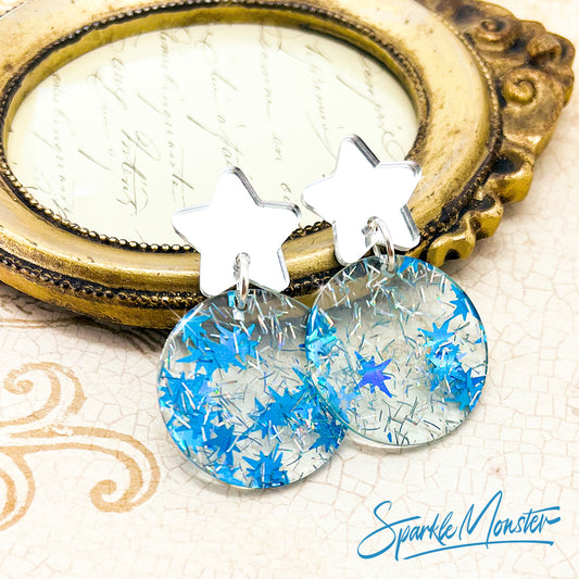 Holiday Ornament earrings - dangle earrings with post backs, silver stars, blue glitter, Christmas, or Hanukkah