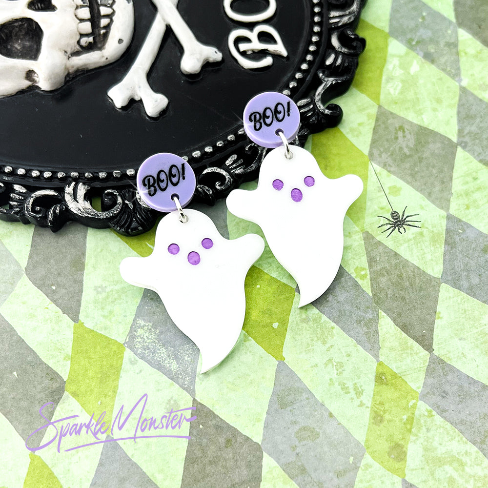 Boo Ghouls - ghost dangle earrings, laser cut acrylic, white, lavender, cute