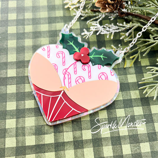 Holiday Booty, large laser cut acrylic necklace, 3 skin tones, holly, candy cane, butt