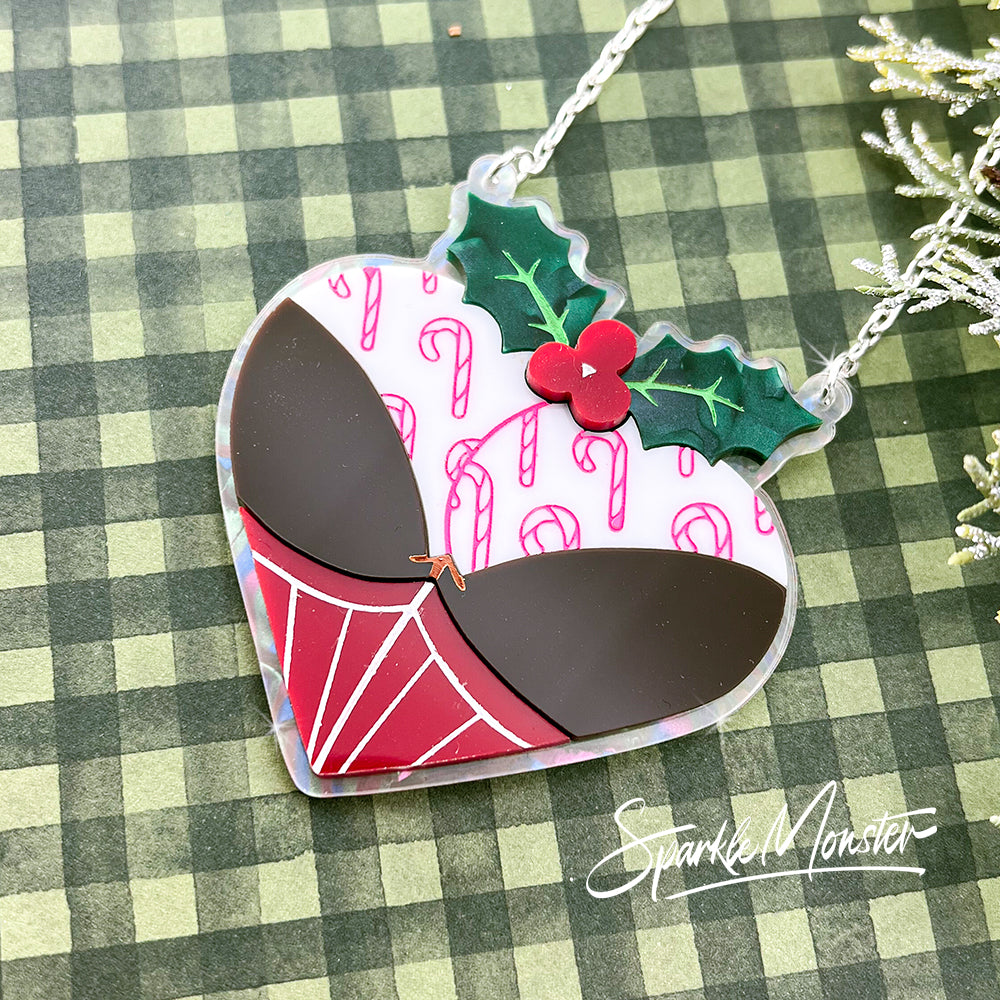 Holiday Booty, large laser cut acrylic necklace, 3 skin tones, holly, candy cane, butt