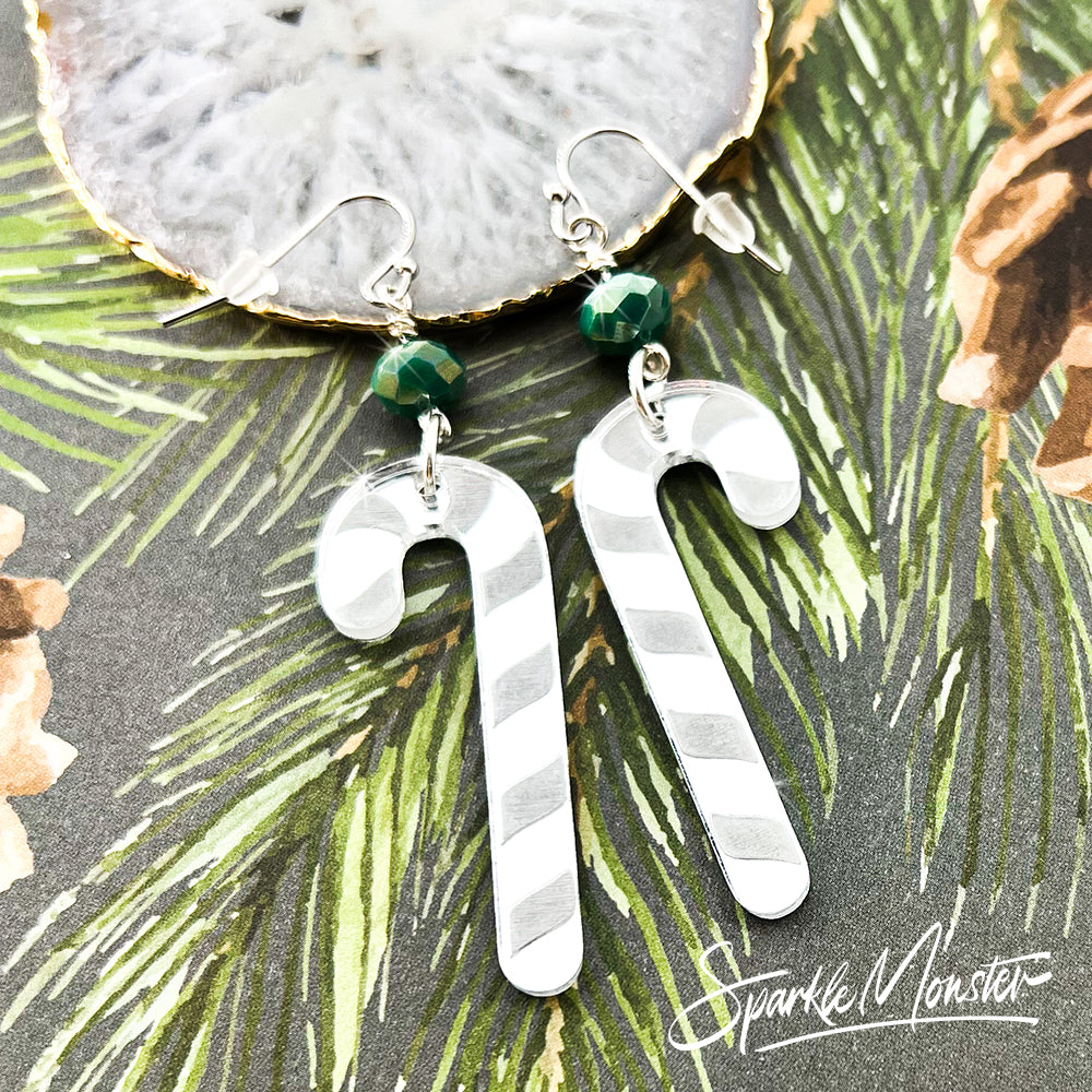 Candy Cane dangle earrings with Jade Green crystals, silver mirror, laser cut acrylic