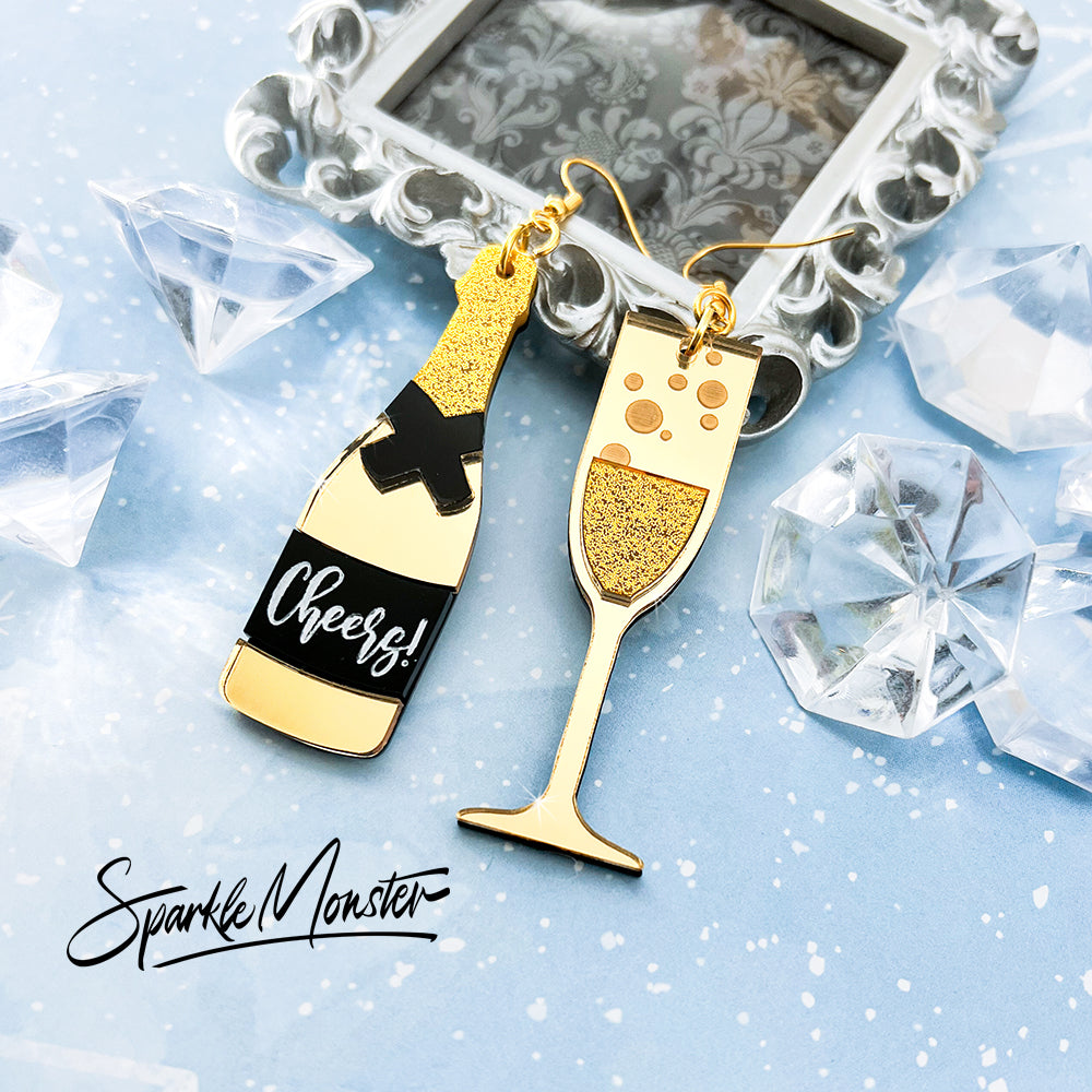 Cheers! Gold Champagne dangle earrings, New Years statement earrings, mirror, laser cut acrylic, NYE party, 2023
