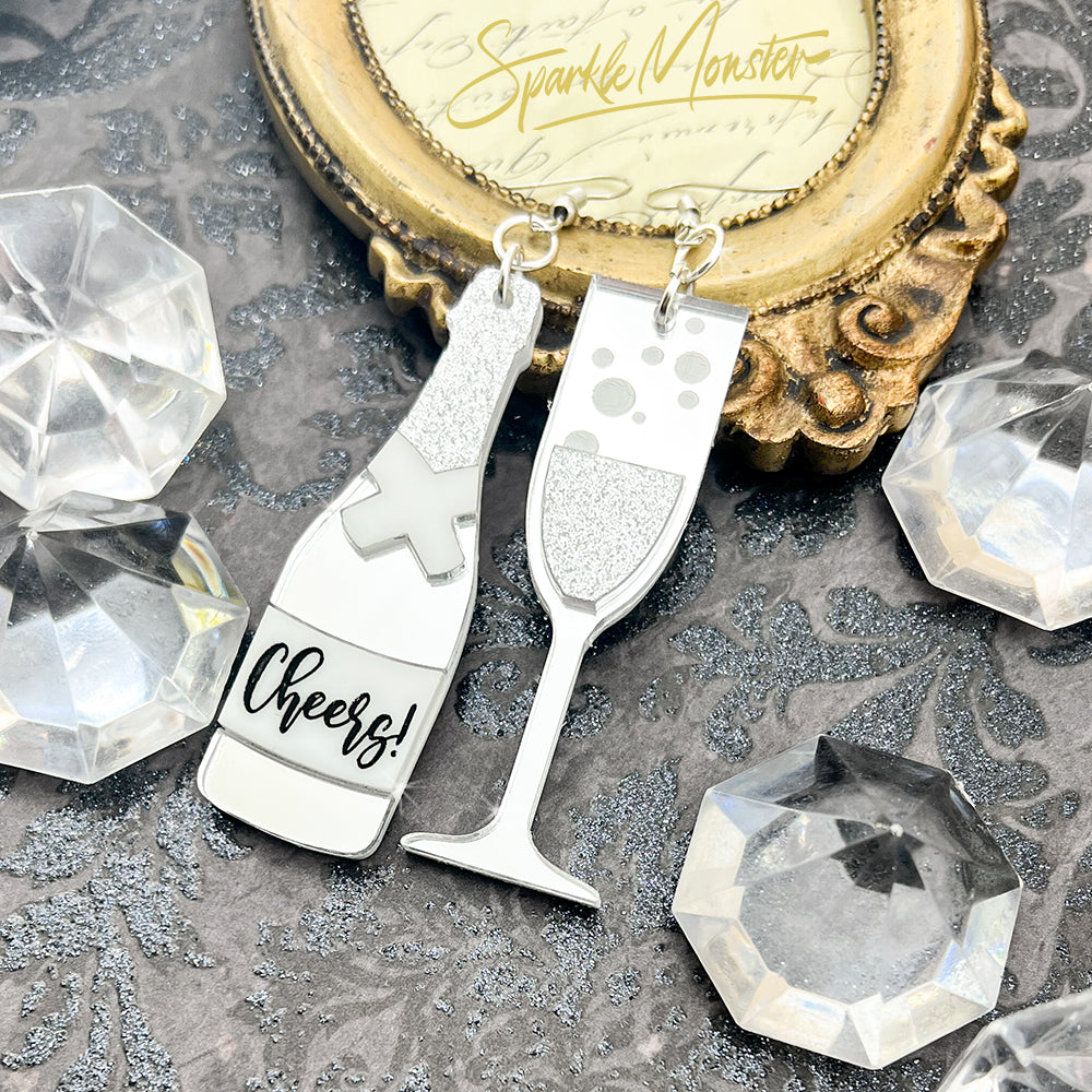 Cheers! Silver Champagne dangle earrings, New Years statement earrings, mirror, laser cut acrylic, NYE party, 2023