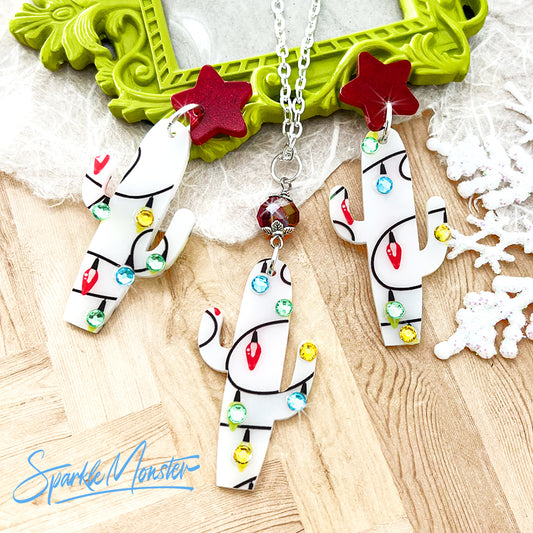 Christmas Cacti with Red Stars, dangle earrings and necklace set, laser cut acrylic, Christmas lights, holiday party