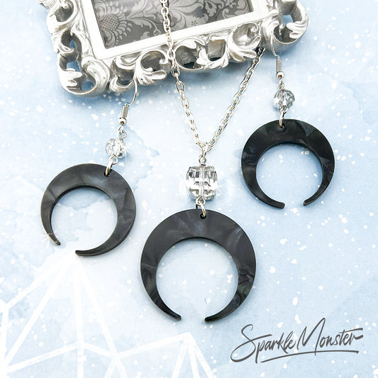 Dark Moons, jewelry set with smoky crystals, dangle earrings, necklace, laser cut acrylic, goth