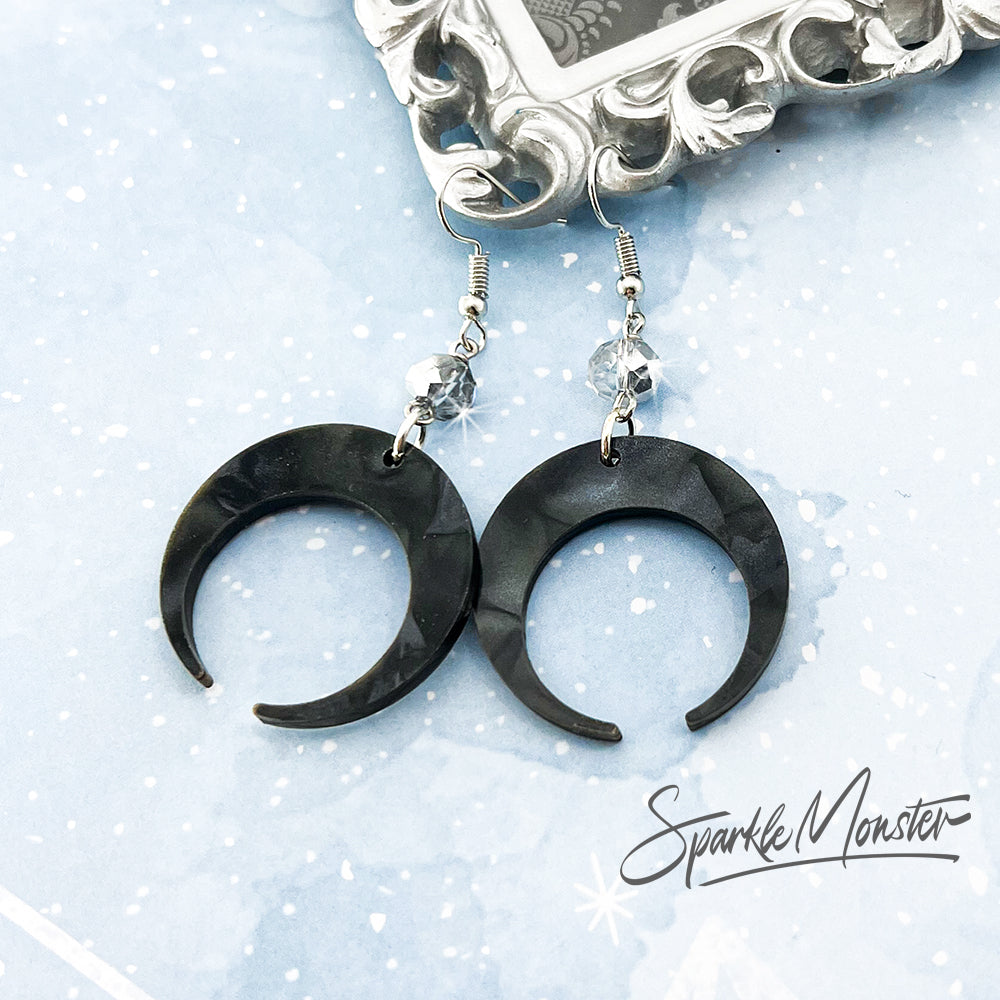 SALE Dark Moons with smoky crystals, dangle earrings or necklace