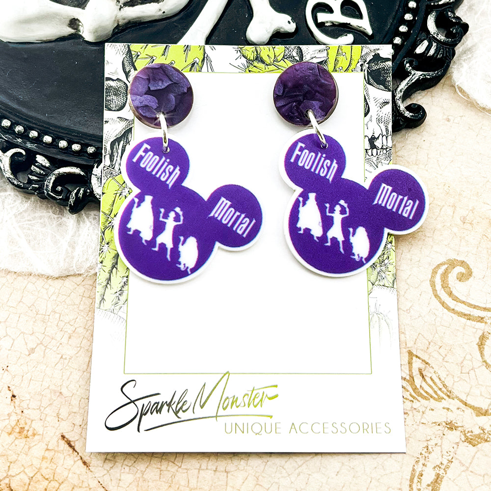 Foolish Mortal - dangle earrings, laser cut acrylic, purple, Haunted Mansion