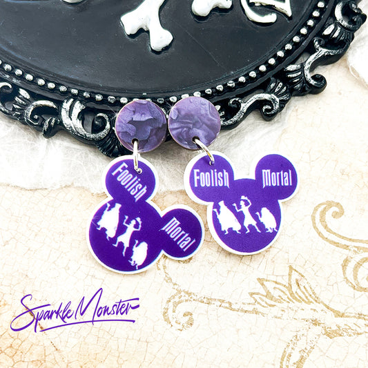 SALE Foolish Mortal - dangle earrings, laser cut acrylic, purple, Haunted Mansion