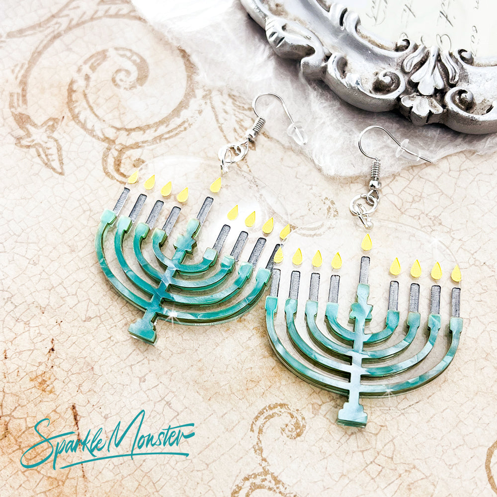 Hanukkah Earrings - candelabrum dangle earrings, blue pearl, laser cut acrylic, Jewish, holiday, festival of lights, menorah