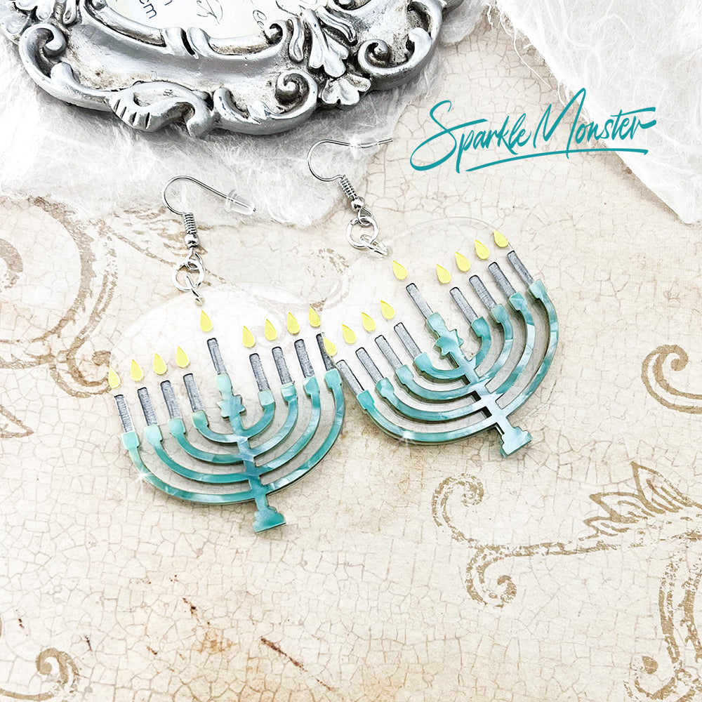 Hanukkah Earrings - candelabrum dangle earrings, blue pearl, laser cut acrylic, Jewish, holiday, festival of lights, menorah