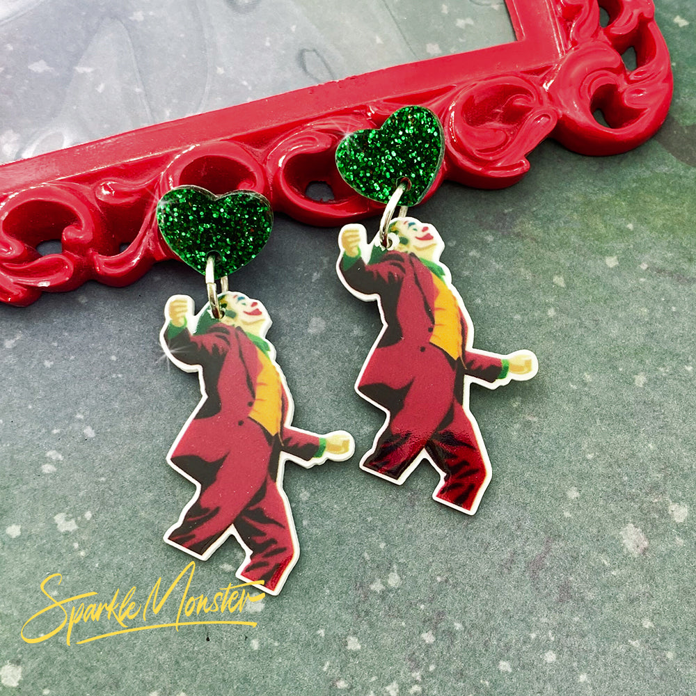 There is No Punchline - Joker earrings, laser cut acrylic, green glitter hearts, charms, movie